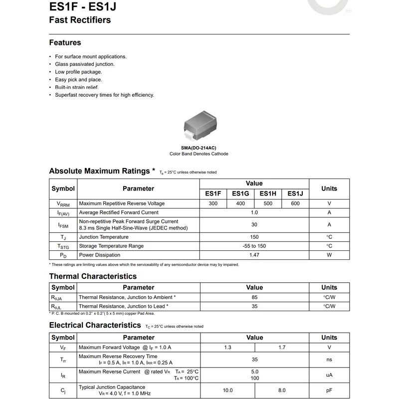 ES1J SMA 600V 1A 50 Uds DO-214AC diodo rectificador de recuperación ultra rápida - imagen 4