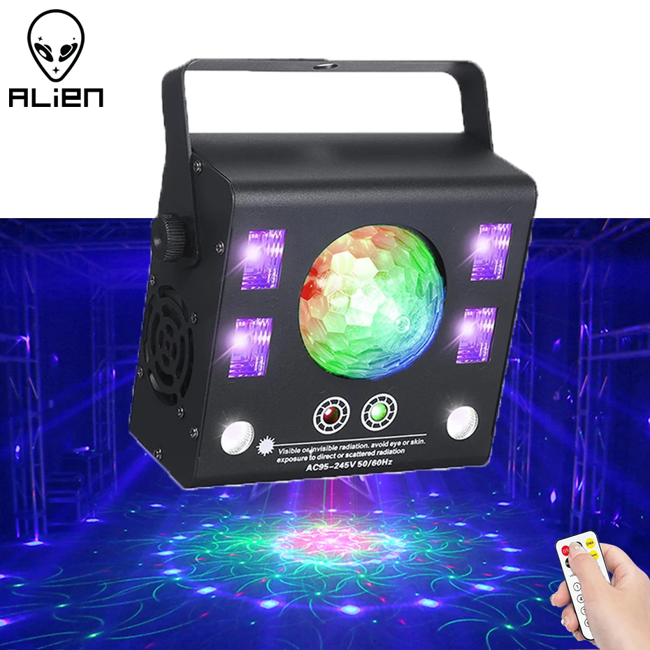 ALIEN-proyector láser de Escenario 4 en 1, luz estroboscópica con control remoto DMX, efecto de iluminación de bola mágica para DJ, fiestas, discotecas, vacaciones y bodas, luces UV negras, 50W