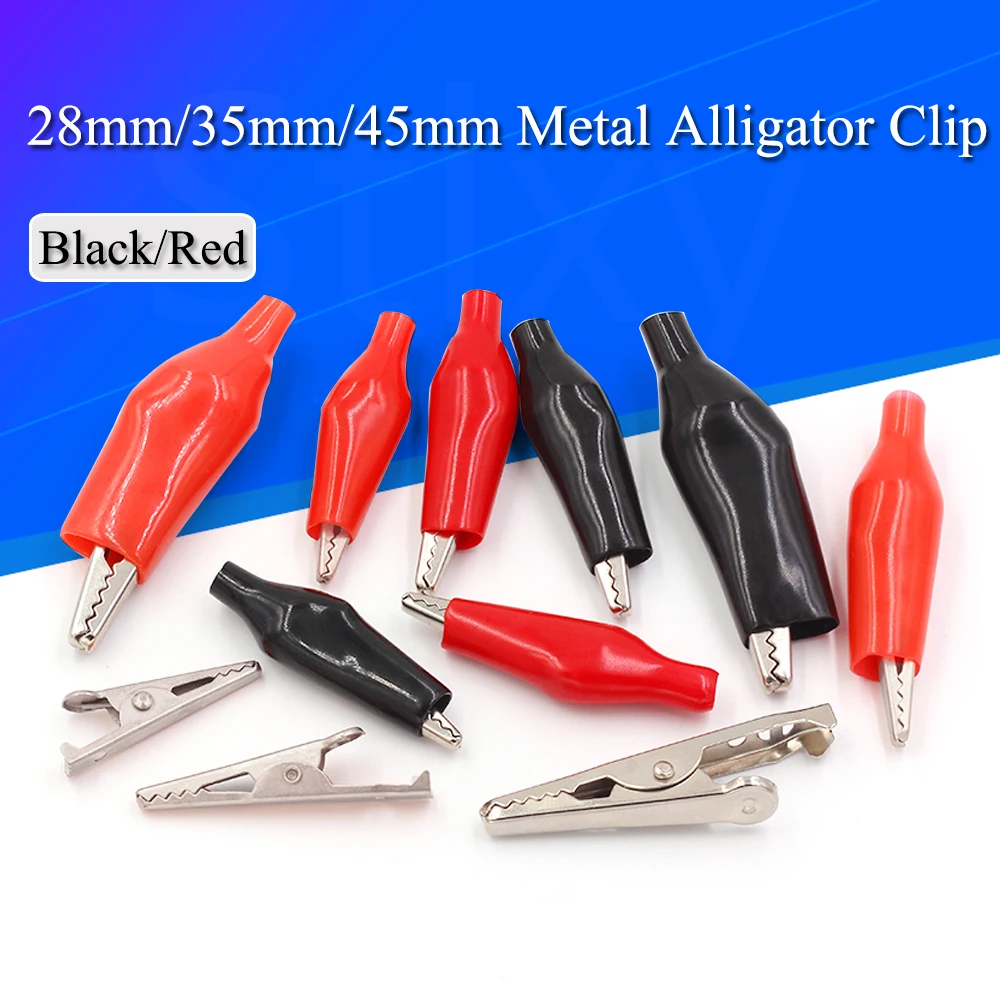 10 Stück 28 mm/35 mm/45 mm Metall-Krokodilklemme G98 Krokodil-Elektroklemme zum Testen von Sondenmessgeräten, schwarz/rot mit Kunststoffmanschette
