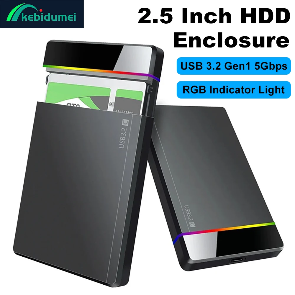 Caja HDD USB3.2 Gen1, caja de disco duro externo SATA SSD de 2,5 pulgadas, velocidad de transferencia de 5Gbps, luces frías RGB, caja de disco duro, herramienta Fre