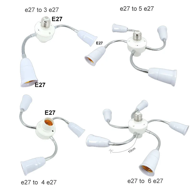 Ajustable 1 E27 a 3 4 5 6 vías E27 bombilla Base soporte divisor de enchufe cuello de cisne LED convertidor extensión manguera adaptador de corriente