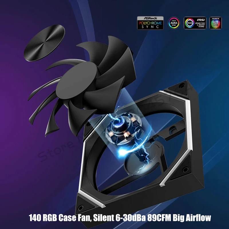 Ventilador con caja 140 ARGB, silencioso 6-30dBa 89CFM flujo de aire grande, gabinete de PC de 14CM 14025 soporte de enfriador Mobo 5V ARGB SYNC, marcha atrás o hacia adelante - imagen 4
