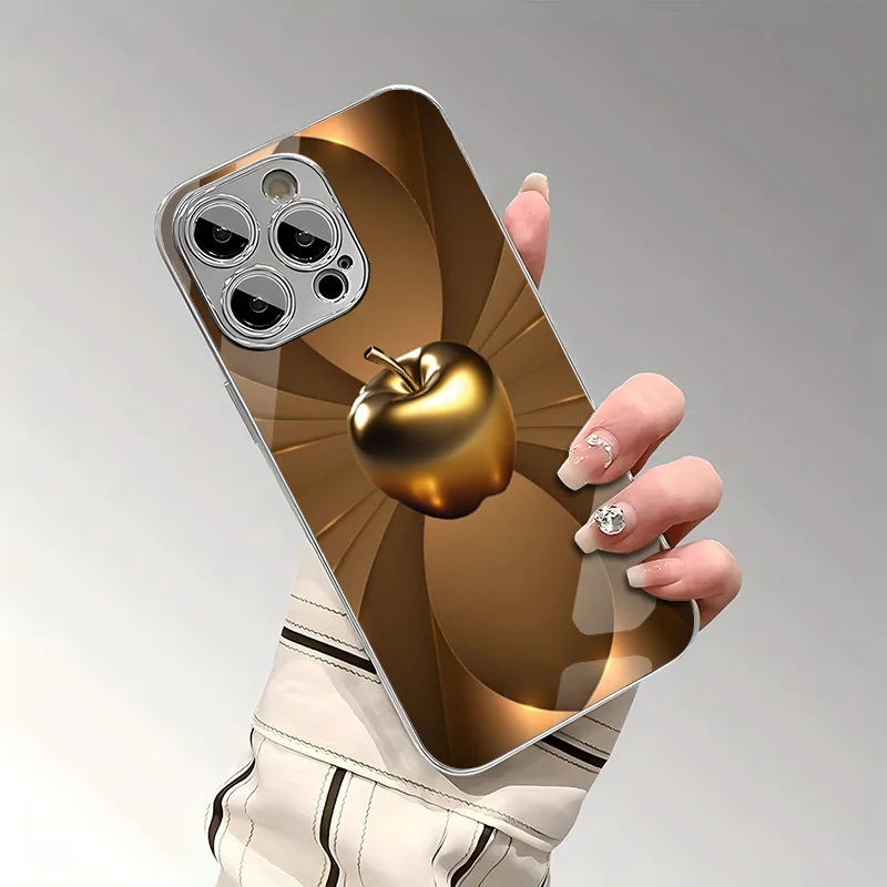 Funda iPhone para X/XS /XS MAX/XR / 11/12/13/14/15/16/17 Pro MAX Chapado en plata Diseño de vidrio templado "Mela dorada" - imagen 4