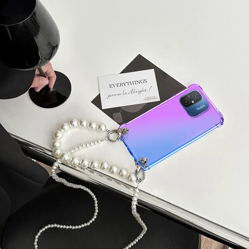 Funda de pulsera de perlas para Redmi 12C, funda con cordón cruzado para Redmi 12, 10C, 10A, 10X, 9I, 9C, 9T, 8A, 7, 6pro, gradiente transparente - imagen 2