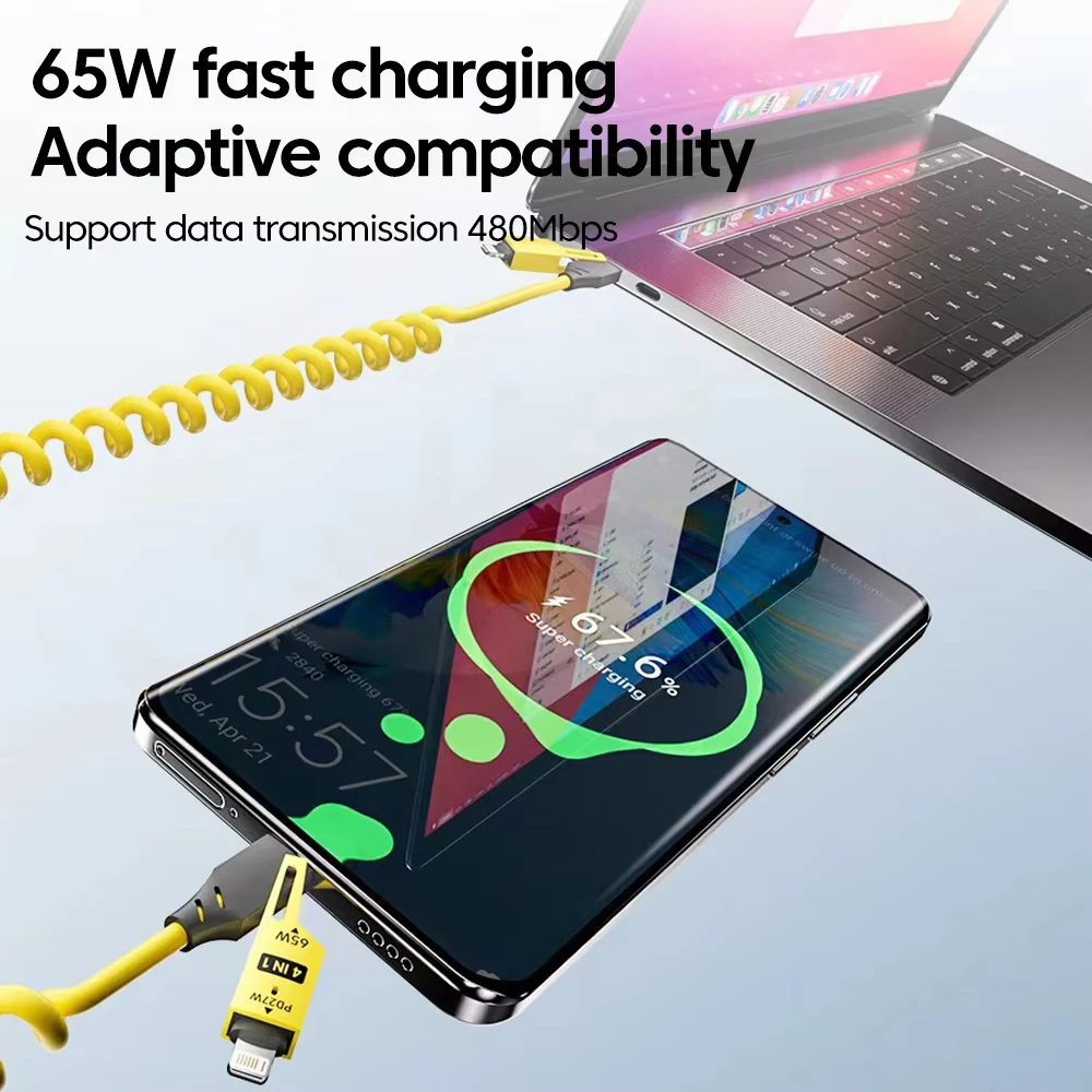 NNBILI 65w aleación de Zinc USB-C 4 en 1 Cable de carga rápida para iPhone Cable Usb tipo C para iPhone Xiaomi Samsung PD cable de datos de resorte - imagen 4