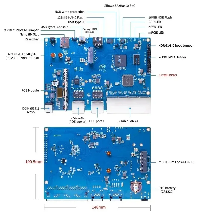 Banana Pi BPI-RV2 Siflower SF21H8898 procesador de RISC-V de 4 núcleos 512MB DDR3 16MB SPI NOR flash RTC Risc-V placa de enlace - imagen 4