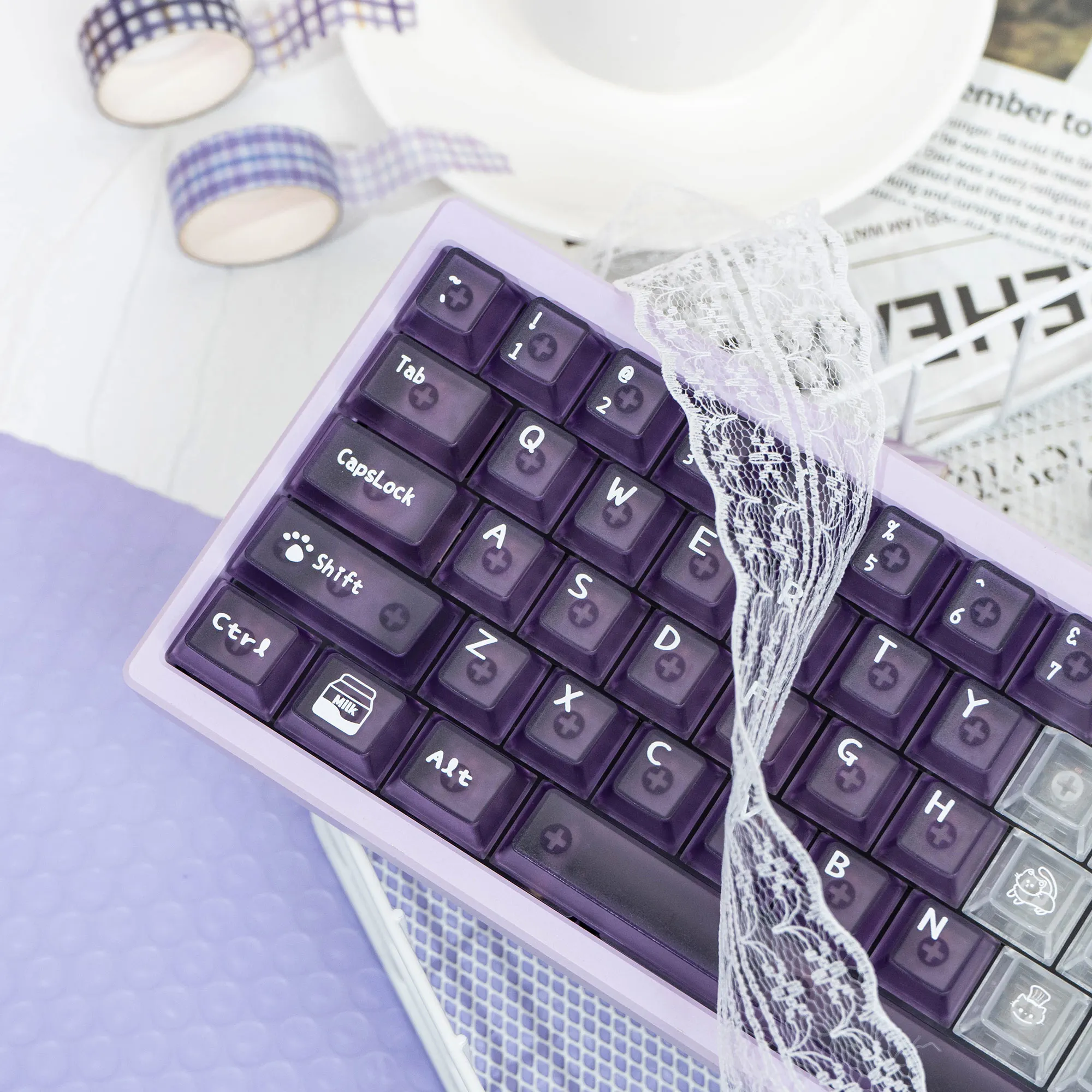 136 teclas, teclas transparentes de cristal púrpura, teclas transparentes con perfil de cereza, tapa de tecla de gato lindo para teclado mecánico MX Cherry