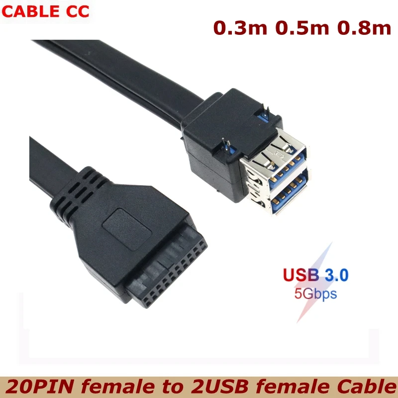 Cable de Panel frontal USB 3,0 de 0,3 m, 0,5 m, 0,8 m, 19 pines, 20 pines a doble capa, 2 puertos USB hembra, Cable de datos con pines para chasis DIY