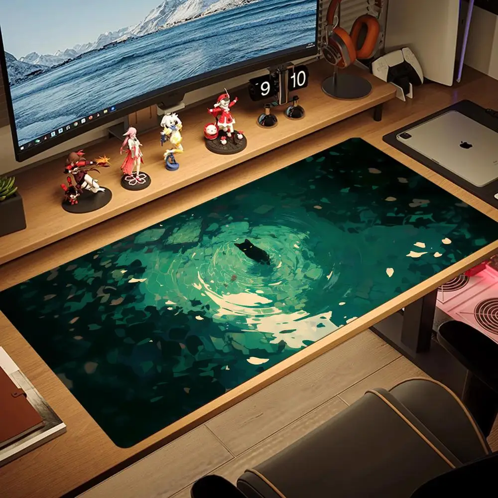 Alfombrilla de ratón de gato negro de Anime, alfombrilla de ratón grande XXL para juegos, cerradura de goma, escritorio, tableta, monitor, ordenador, jugadores, trabajo, teléfono y oficina