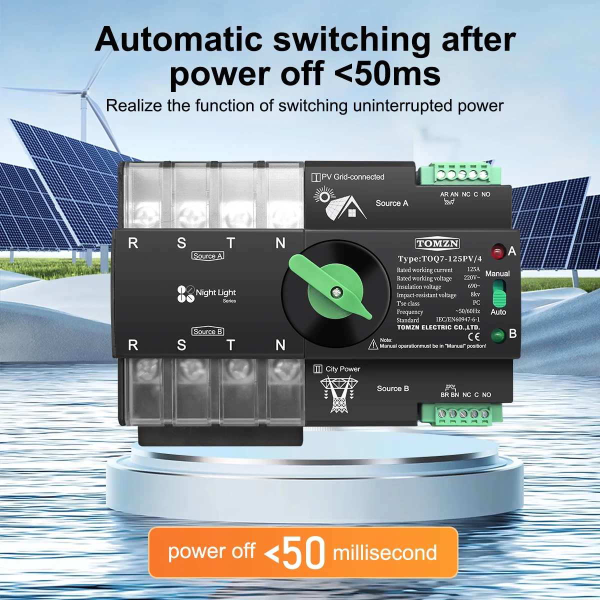 TOMZN carril Din trifásico ATS para PV 4P 63A 100A 125A 230V Doble potencia transferencia automática interruptor Selector eléctrico ininterrumpido - imagen 4