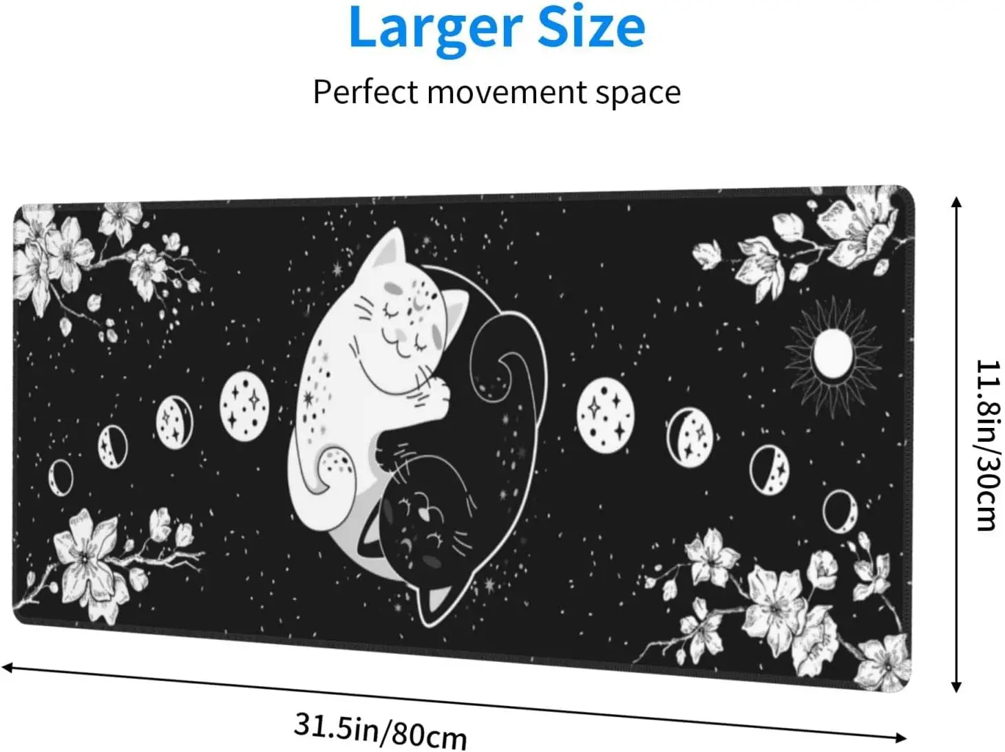 Alfombrilla de ratón Yin Yang Cat Moon Phases, alfombrilla antideslizante de gran tamaño, extendida XL, para escritorio de oficina y juegos con bordes cosidos, nuevo producto 2024 - imagen 3