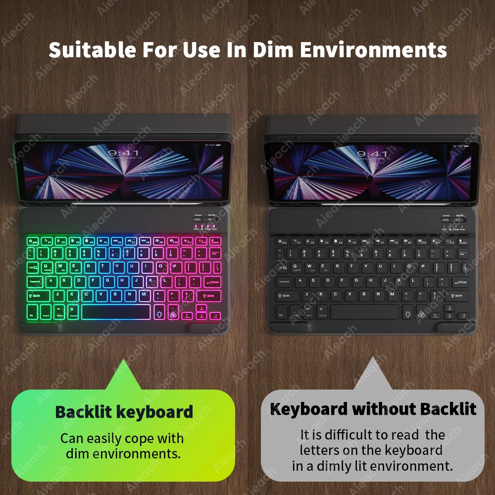 AIEACH Funda para iPad con teclado para Pro 13 M4, 12,9 3-6, 11 1-4th, Air 13/11 M2/M3, Air(4-5th), iPad 7-10th, portalápices retroiluminado - imagen 3