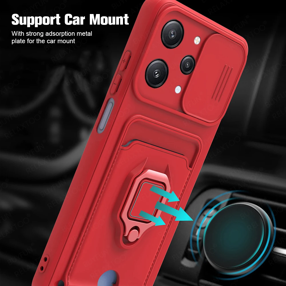 Funda protectora deslizante para cámara Xiaomi Redmi12 Redmi 12 4G, soporte magnético con ranura para tarjeta, anillo a prueba de golpes, TPU, cubierta suave Redmy Readmi 12 - imagen 3
