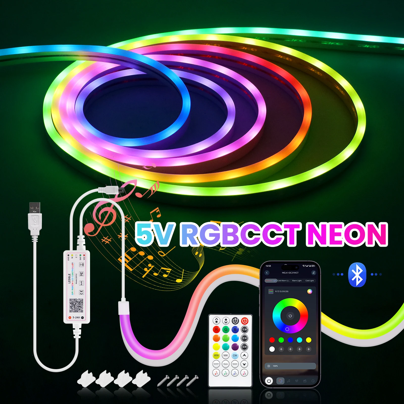 Tira de luces LED de neón Bluetooth 5V RGBCCT Dreamcolor 1M 2M 5M USB luz de cuerda de neón impermeable con cinta de sincronización de música para decoración del hogar - imagen 2