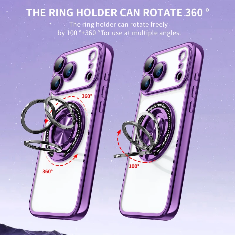 Para Magsafe Magnético 360 ° Funda de teléfono con borde chapado en anillo y soporte de Metal giratorio para iPhone 17 Pro Max Air 15 11 12 13 14 16 Pro Max E - imagen 3