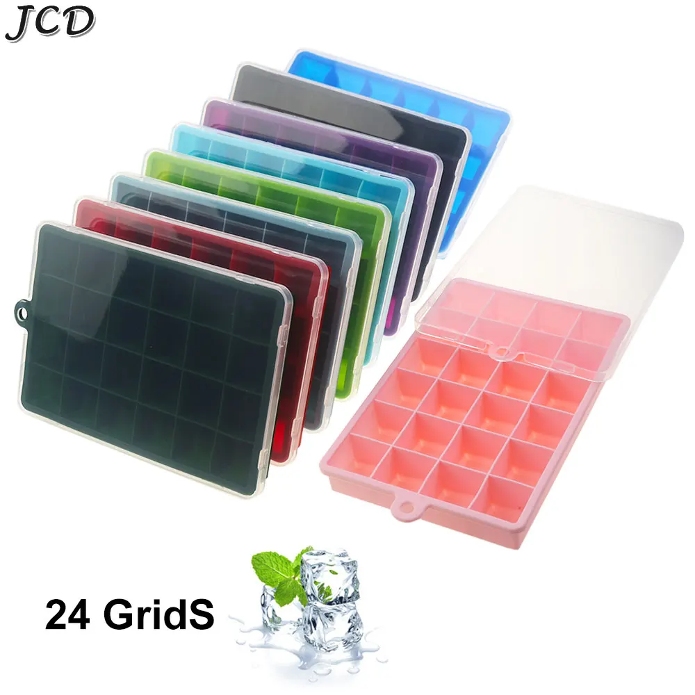 JCD-Molde de silicona para cubitos de hielo, bandeja cuadrada grande de 24 rejillas, duradera, de grado alimenticio, fabricante de cubitos de hielo con tapa