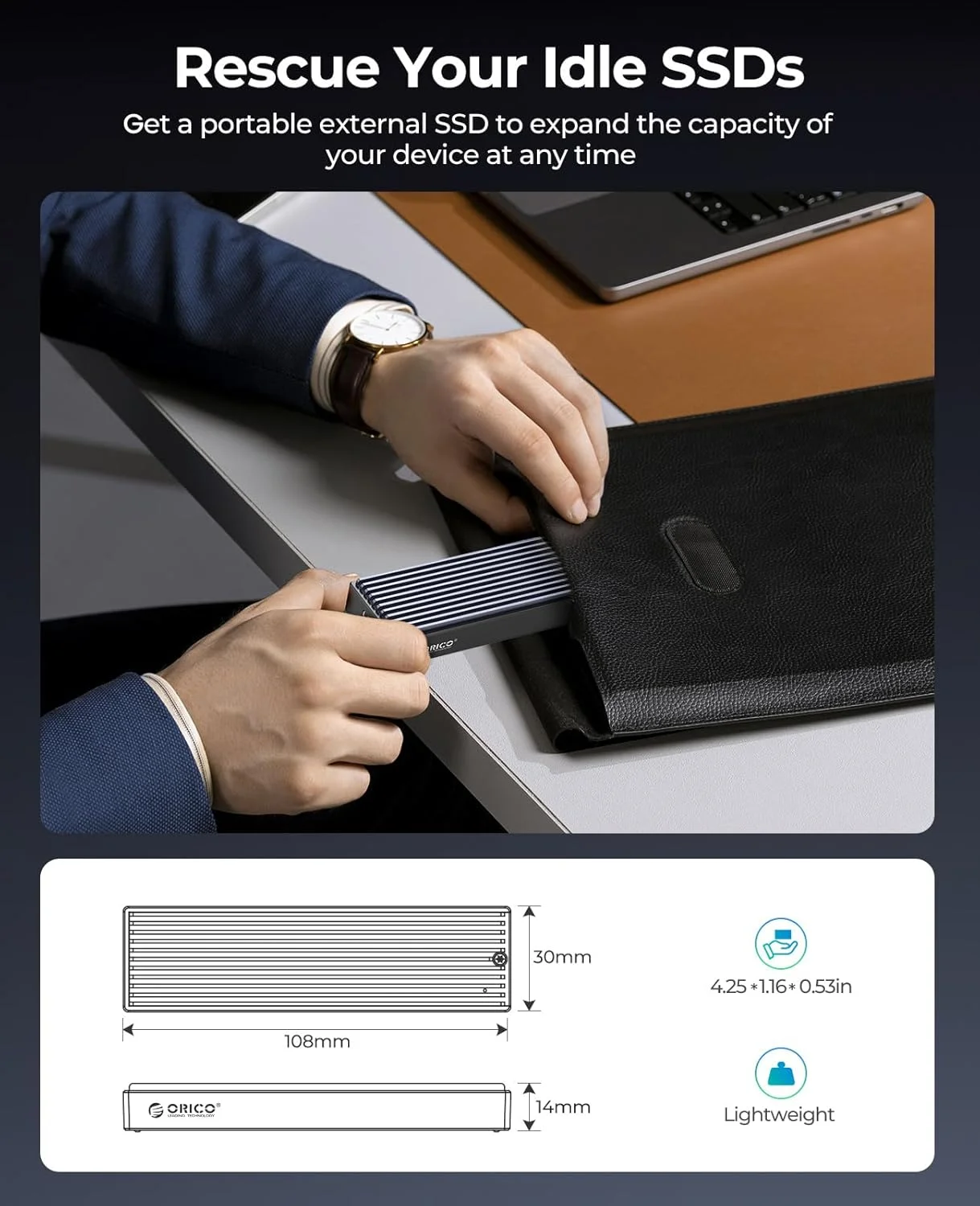 Carcasa ORICO M.2 NVMe SSD, USB 3.1 Gen 2 (10 Gbps) Adaptador externo PCIe NVMe para 2230/2242/2260/2280 M.2 SSD de hasta 8 TB - imagen 5