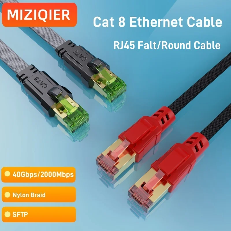 MIZIQIER Cable Ethernet Cat8 plano y redondo 40Gbps 2000MHz Cable Lan de Internet trenzado para portátiles CAT7 CAT6 enrutador PS4 Cable RJ45