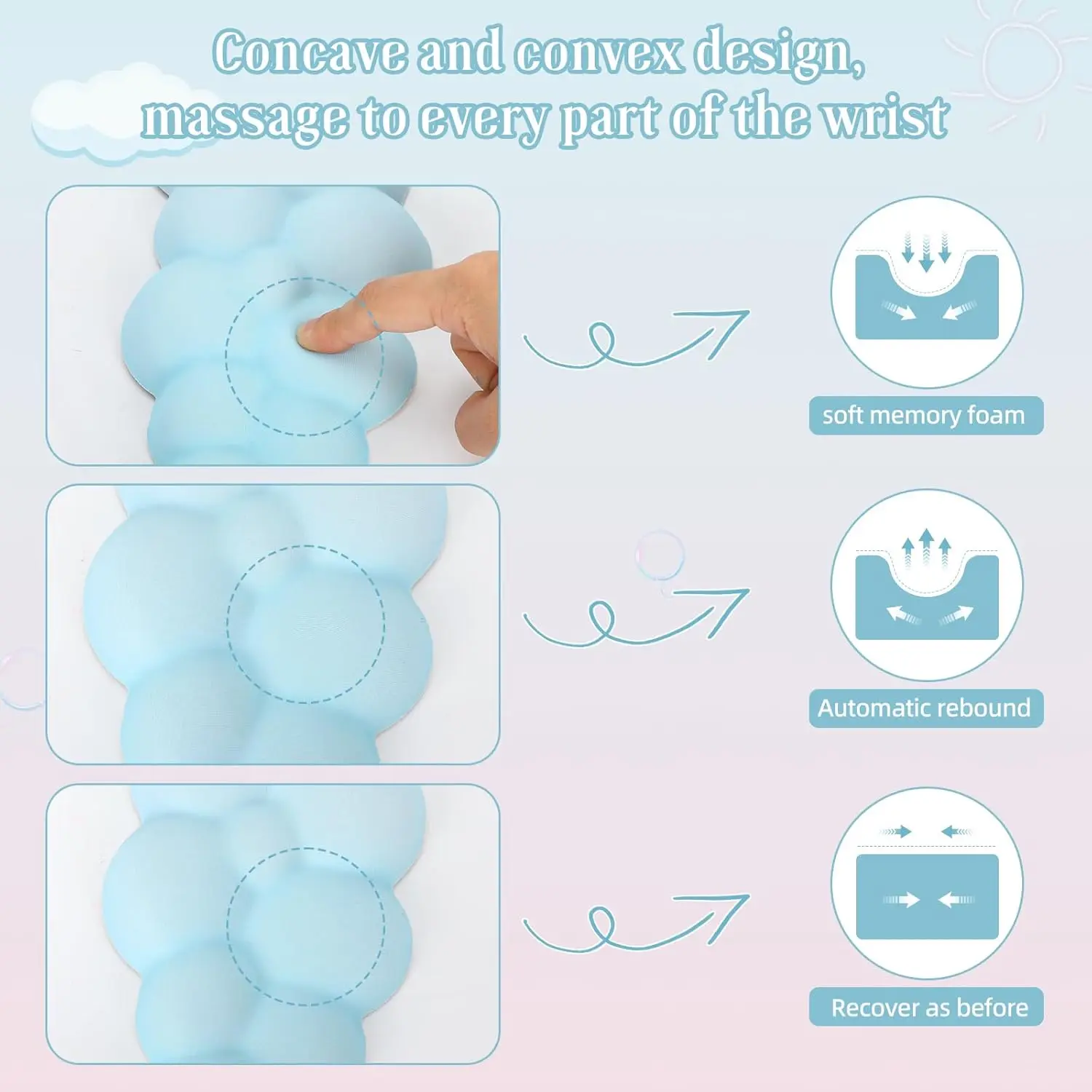 Reposamuñecas para teclado Cloud, alfombrilla para ratón, juego de soporte para brazo y muñeca con espuma viscoelástica bonita y ergonómica para juegos de ordenador, oficina y portátil - imagen 5