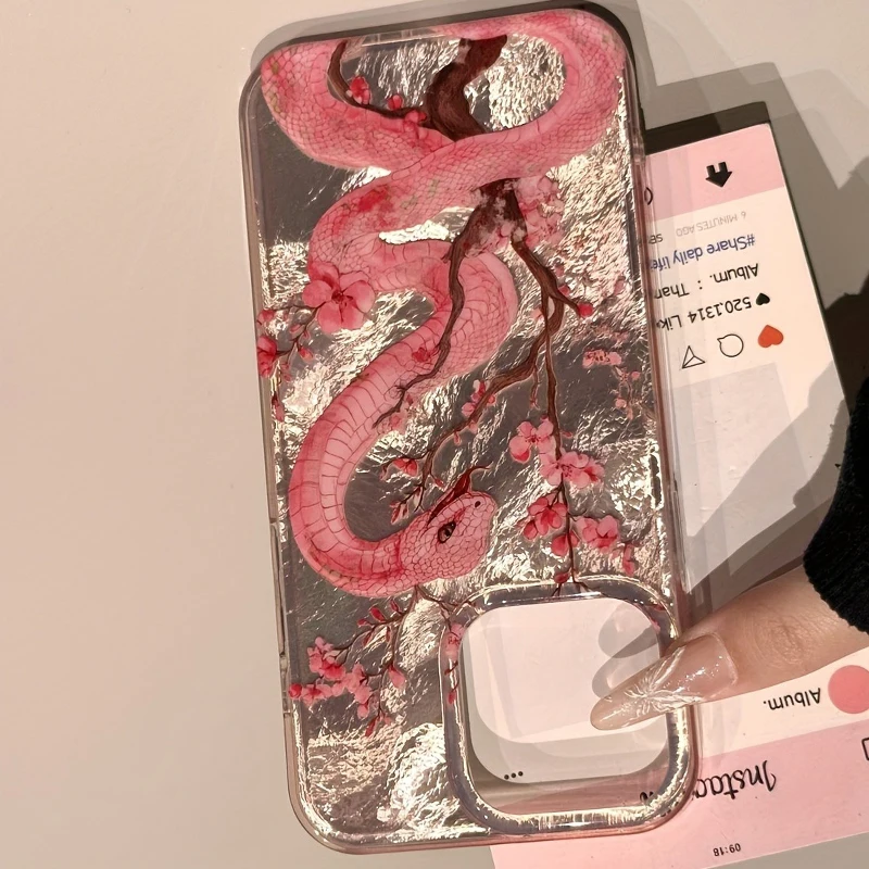 Funda de teléfono con ilustración de flor de ciruelo y serpiente rosa para iPhone 16 Pro Max 15 14 Plus 13 12 11 XS X XR 7 8 16 Plus SE 2022 16E - imagen 4