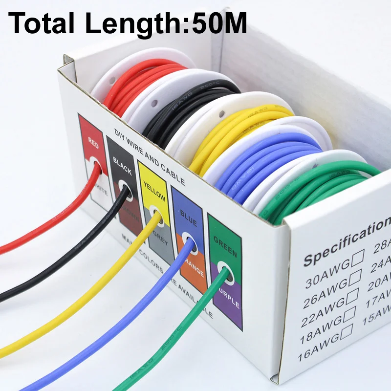 Cable eléctrico de 50M 30AWG/28AWG/26AWG/24AWG/22AWG/20AWG calibre de silicona Flexible Cable de cobre estañado trenzado 5 colores 33 pies/10