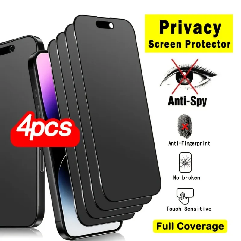 Protector de pantalla de privacidad de vidrio templado de cobertura completa, 4 Uds., para IPhone 17 16 15 Pro Max 16e 14 13 12 11 Pro Mini XR XS Max Glass