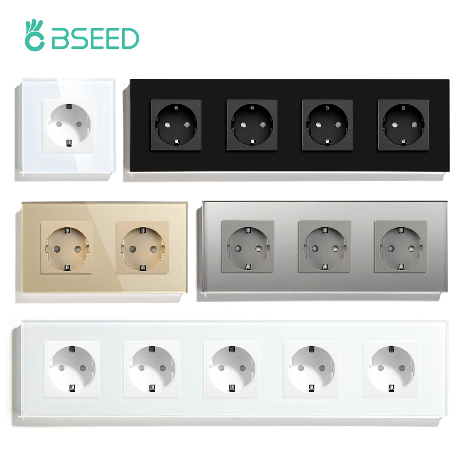 BSEED-enchufe europeo individual, tomas de corriente dobles, tomas eléctricas triples, enchufes de pared de cristal, blanco, negro, dorado, gris, 16A - imagen 2