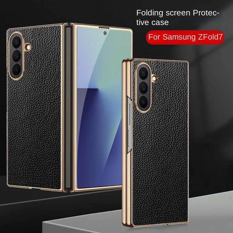 Para Samsung Galaxy Z Fold 7 funda de lujo de cuero Lichee revestimiento de piel funda protectora trasera para Samsung Z Fold7 carcasa de teléfono