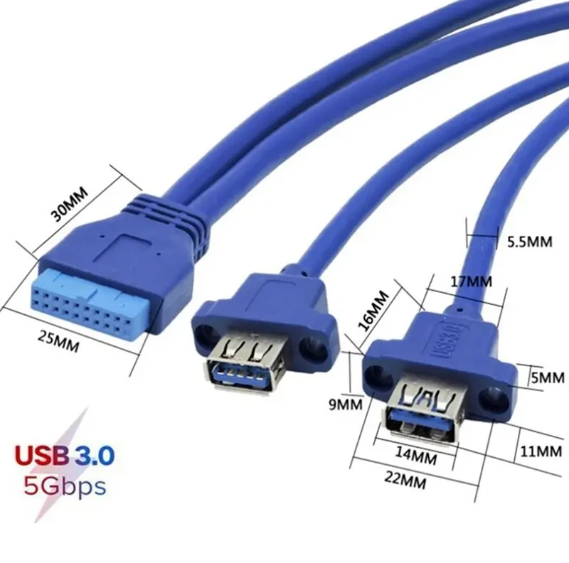 Panel de montaje de tornillo hembra USB de doble puerto tipo a placa base Cable de 20 pines Cables de carcasa de PC 20 pines 30cm 50cm 75cm