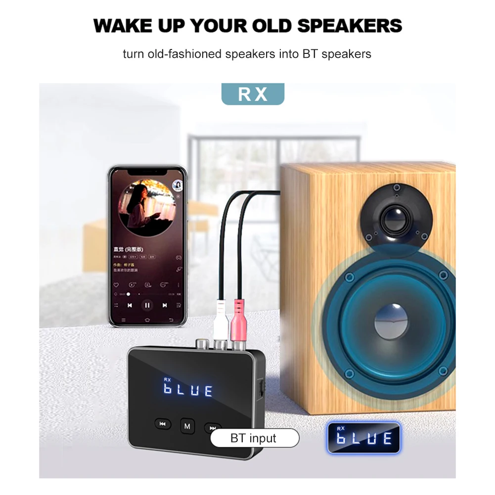 Receptor transmisor BT 5,4 con RCA 3,5mm AUX y pantalla adaptador de Audio BT adaptador inalámbrico para TV/coche/PC/estéreo doméstico/altoparadores