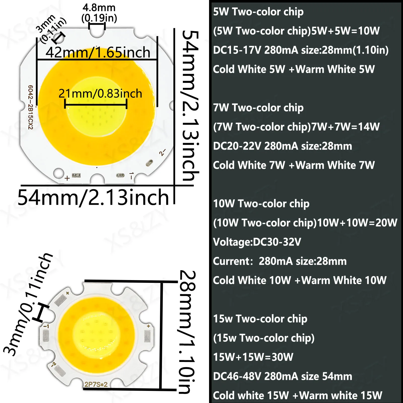 Chip LED de alto brillo, 10W, 14W, 20W, 30W, doble Color, blanco frío y cálido, fuente de luz COB, foco Circular, lámpara de tubo, iluminación interior - imagen 2