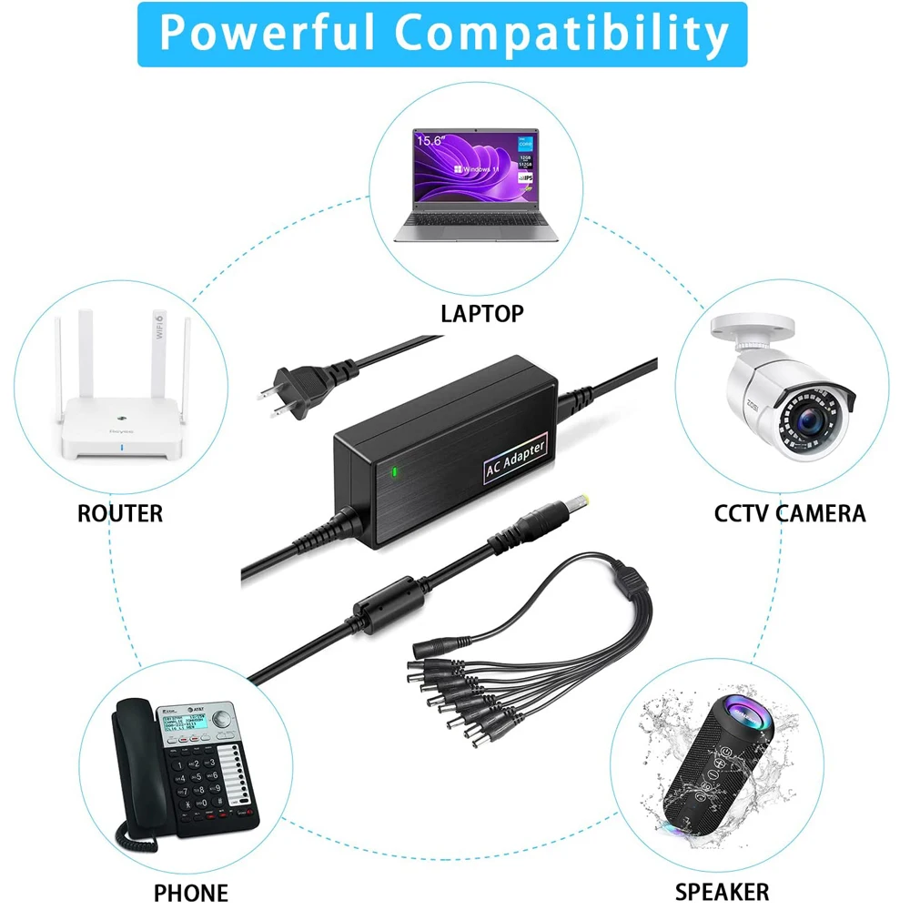 Adaptador de fuente de alimentación de 12V 5A con Cable divisor de 8 vías 100 ~ 240V convertidor de CA a CC para cámara de seguridad CCTV DVR vigilancia Syst - imagen 5
