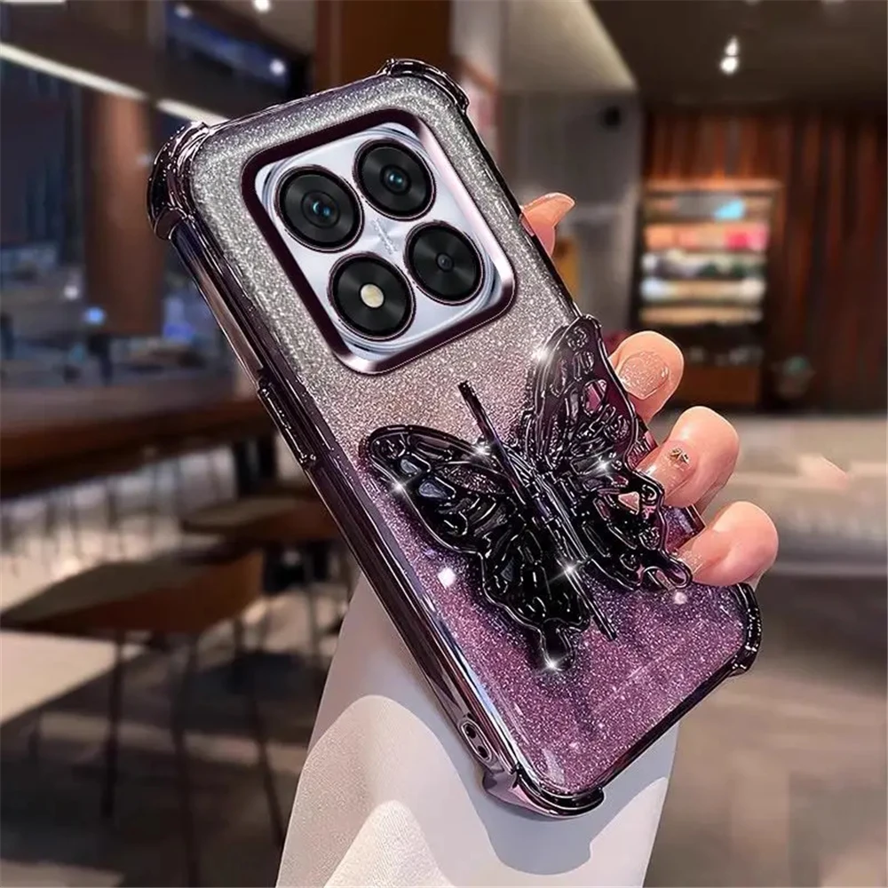 Funda de teléfono con soporte de mariposa y pulsera de perlas para Xiaomi Redmi Note 12 Pro 11S 10S 9S 12 11 10 9 Pro, funda suave a prueba de golpes con purpurina - imagen 5