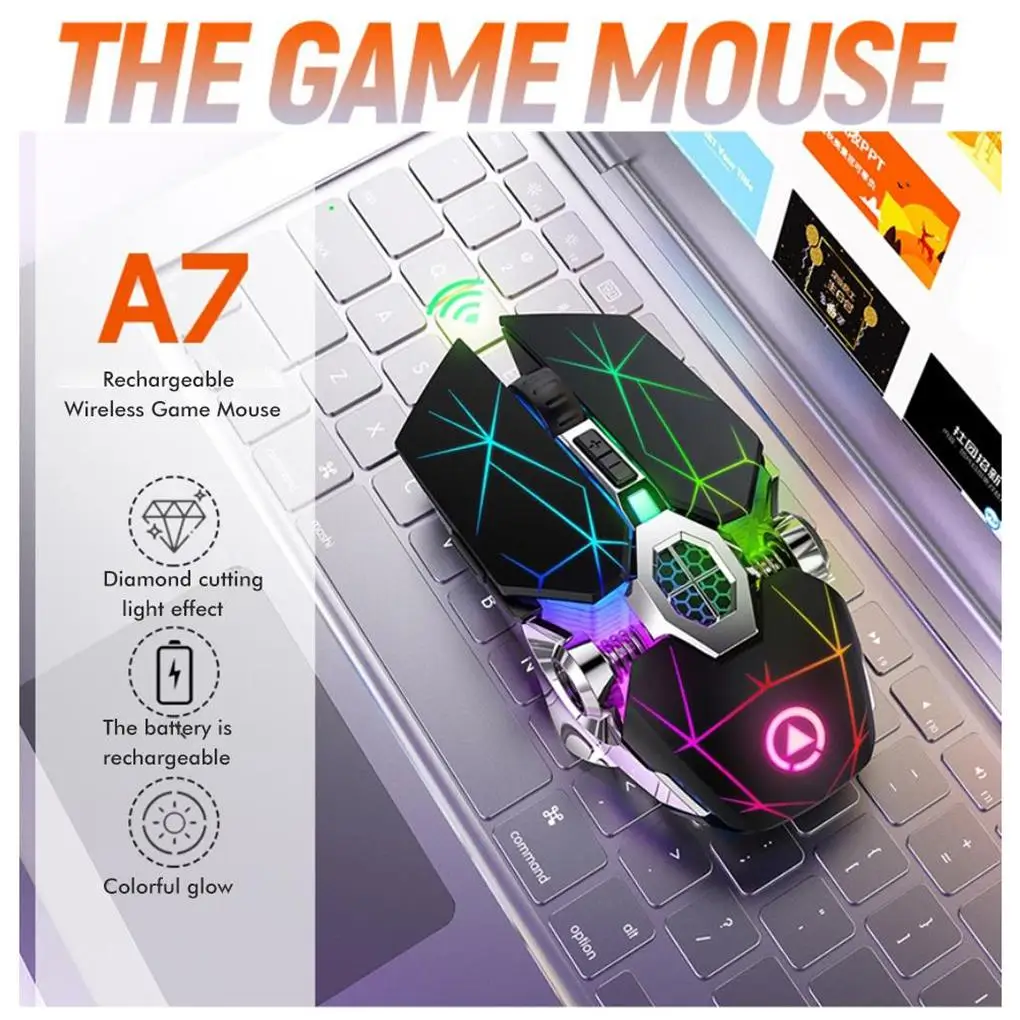 A7 Wireless Game Mouse con un diseño colorido