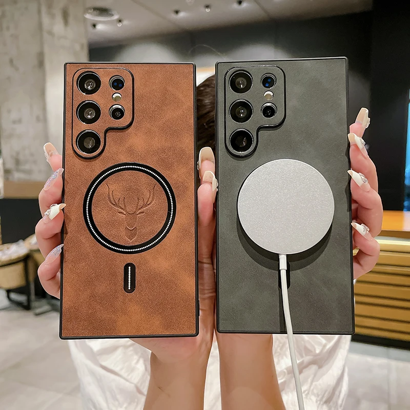 Funda de teléfono de cuero con carga inalámbrica magnética Magsafe de lujo para Samsung S25 Ultra S23 S21 S22 S24 Ultra Plus cubierta de ciervo alce - imagen 2