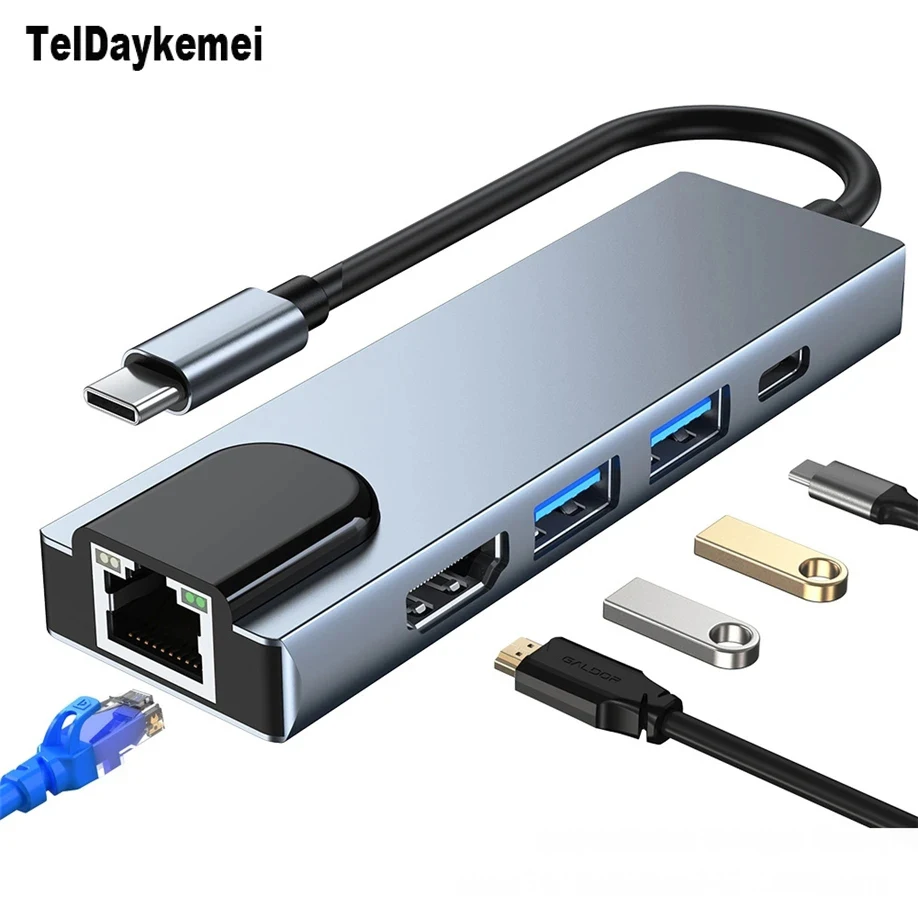 Adaptador 5 en 1 USB C Hub tipo C a 4K HD con red RJ45, adaptador de puerto de cargador Lan Ethernet de 1000M para Macbook Pro - imagen 2