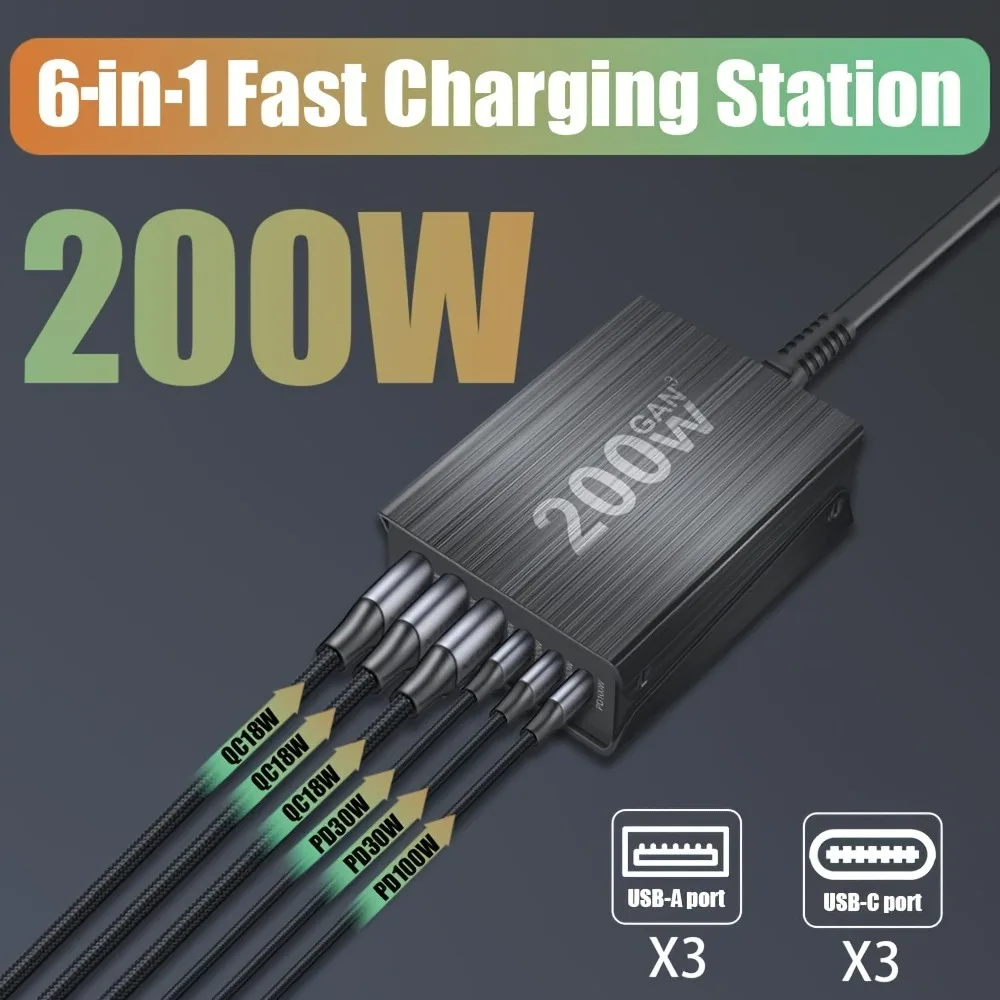 Estación de carga rápida GaN de 6 puertos de 200W, cargador USB C, carga rápida QC PD 3,0 tipo C, cargador rápido para iPhone 15/14/13 Pro MacBook