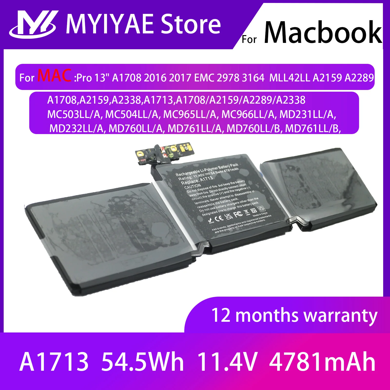 Reemplazo de batería de ordenador portátil para Apple MacBook Pro, A1708, A1713, 13 pulgadas, 13 pulgadas, 2016, 2017 Ver, A2171, EMC, 2978, 3164, Notebook - imagen 2