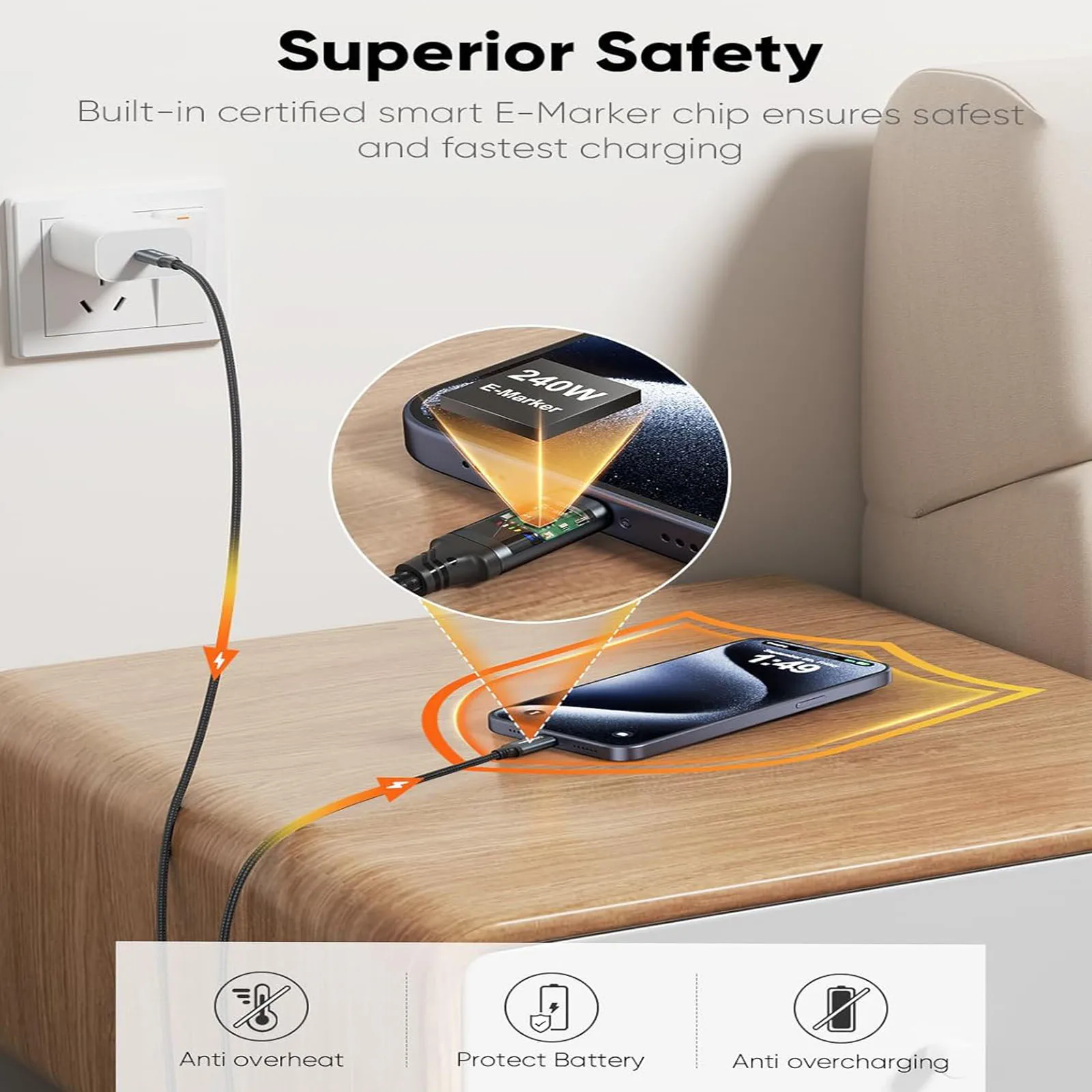 Cable duradero 5A USB-C PD3.1 de carga rápida de 240W para MacBook Pro/Air, iPad Pro/Air, Samsung, iPhone16/15, portátil para juegos, etc. - imagen 4