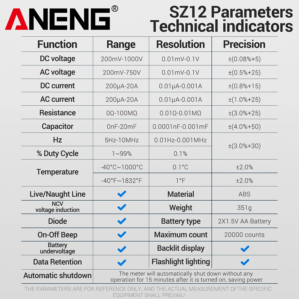 ANENG-multímetro SZ12 de 1000V, multímetro de corriente/voltaje, 20000 recuentos, 99% probador de ciclo de trabajo, 100MOhm, 20A, herramientas de inducción de 10MHz - imagen 5