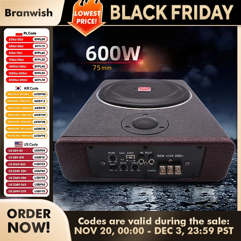 Subwoofer activo con textura de madera de 8 pulgadas y 600 W: altavoz bajo delgado de 12 V debajo del asiento para automóvil con soporte para agudos - imagen 2