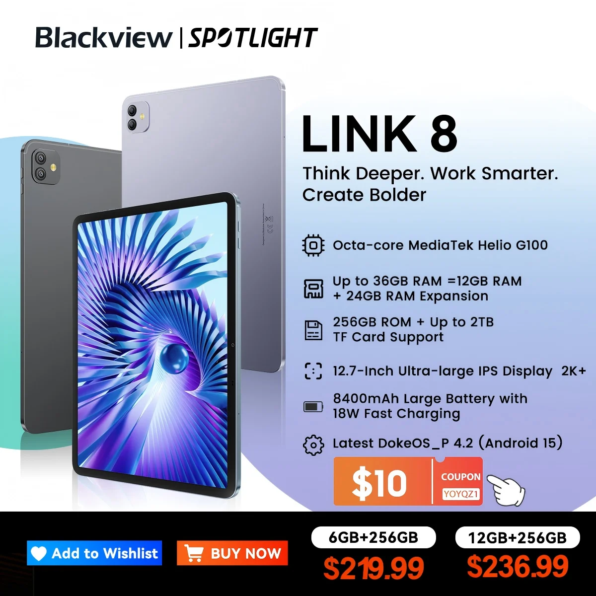 Blackview LINK 8 Tablet Pantalla 2K de 12,7" Octa-Core MT8781, batería de 8400 mAh, carga rápida de 18 W Cámara de 16 MP Tableta Android - imagen 2