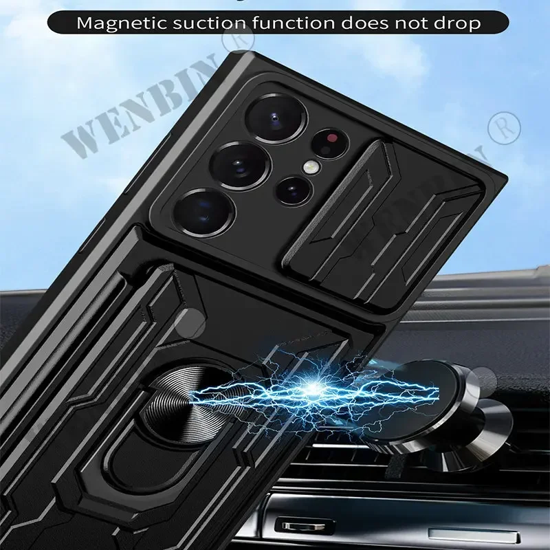Funda para Samsung S24 S23 S22 Ultra Plus S21 FE A55 A25 A15 A54 A14 soporte deslizante anillo cámara cubierta con ranura para tarjeta de grado militar - imagen 5
