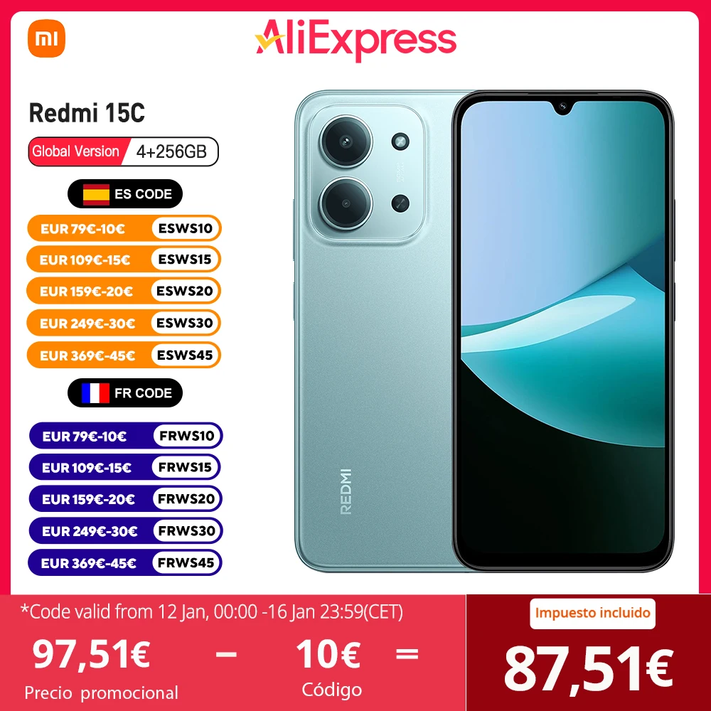 Xiaomi Redmi 15C NFC Versión Global MediaTek Helio G81 Ultra Pantalla de 6.9",120Hz, 50MP Cámara, 6000mAh,  Sin Cargador