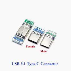 Conector USB 3,1 tipo C, adaptador de receptáculo de enchufe macho/hembra de 24 pines a Cable de soldadura y Cable de 24 pines, compatible con placa PCB, 10 Uds.