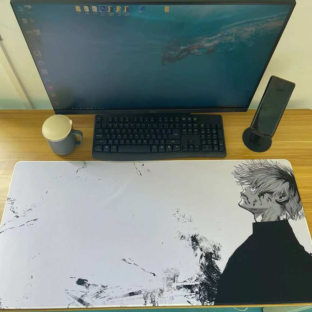 Alfombrilla de ratón para oficina, accesorios para juegos de PC, alfombra para teclado, portátil, Kaneki Ken, alfombrilla para ratón blanca y negra, alfombrilla de escritorio de Anime japonés Tokyo Ghoul - imagen 4