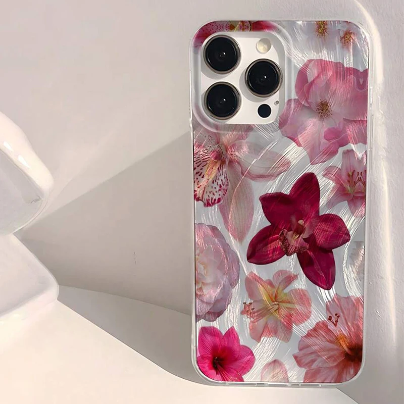 Funda de teléfono minimalista con patrón de flores rosas para iPhone 13, 11, 12, 14, 15 16 Pro Max 16E XR X XS 7 8 Plus SE2, cubierta de parachoques a prueba de golpes