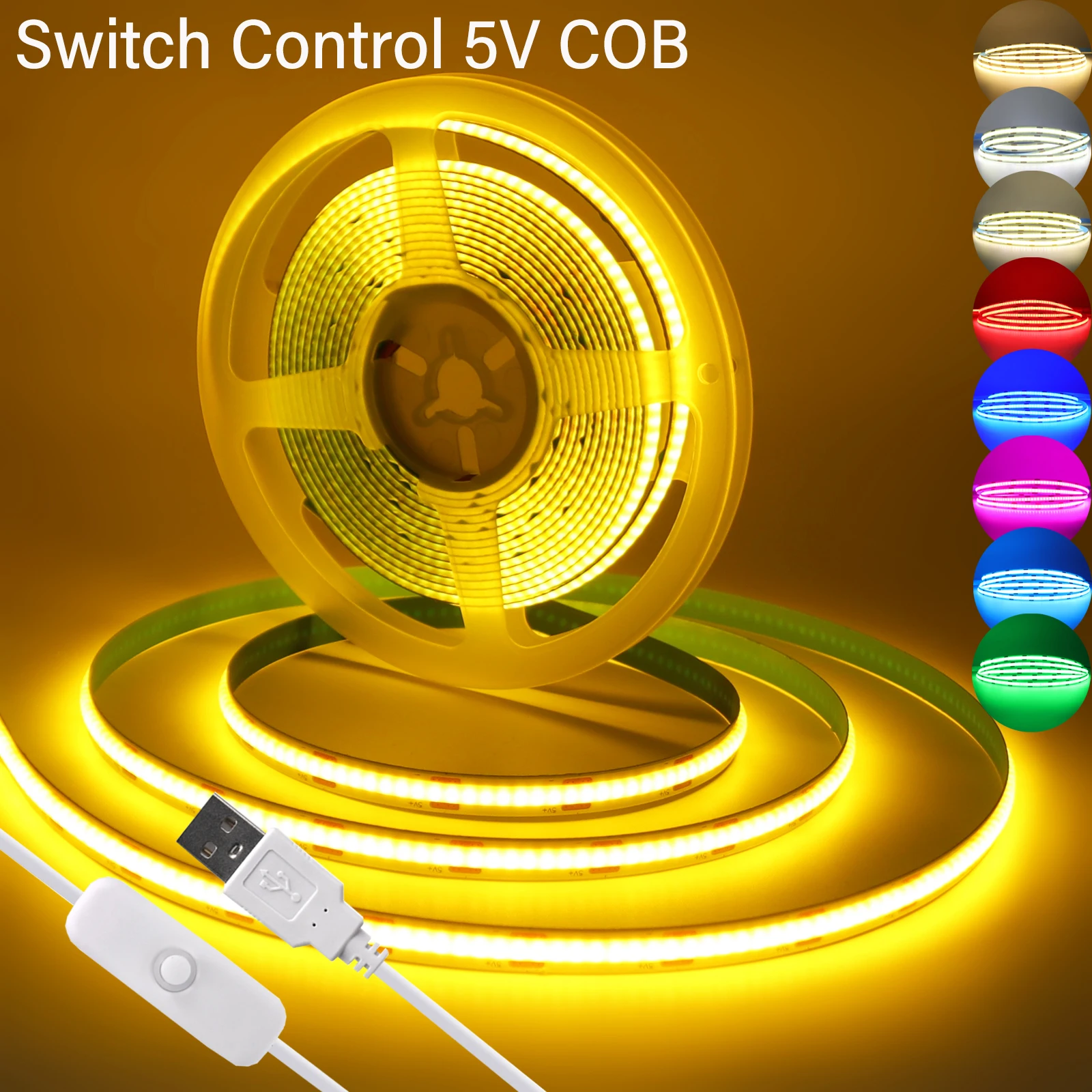 Tira de luces LED COB de 5V, Control de interruptor, cinta de diodo Flexible USB, blanco, rojo, azul, verde, rosa, para retroiluminación de TV y espejo de cocina