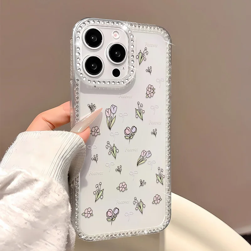 Funda de teléfono con flor de tulipán para iPhone 14 17 Pro 11 13 15 12 16 Pro Max 17 Air a prueba de golpes de lujo con purpurina transparente