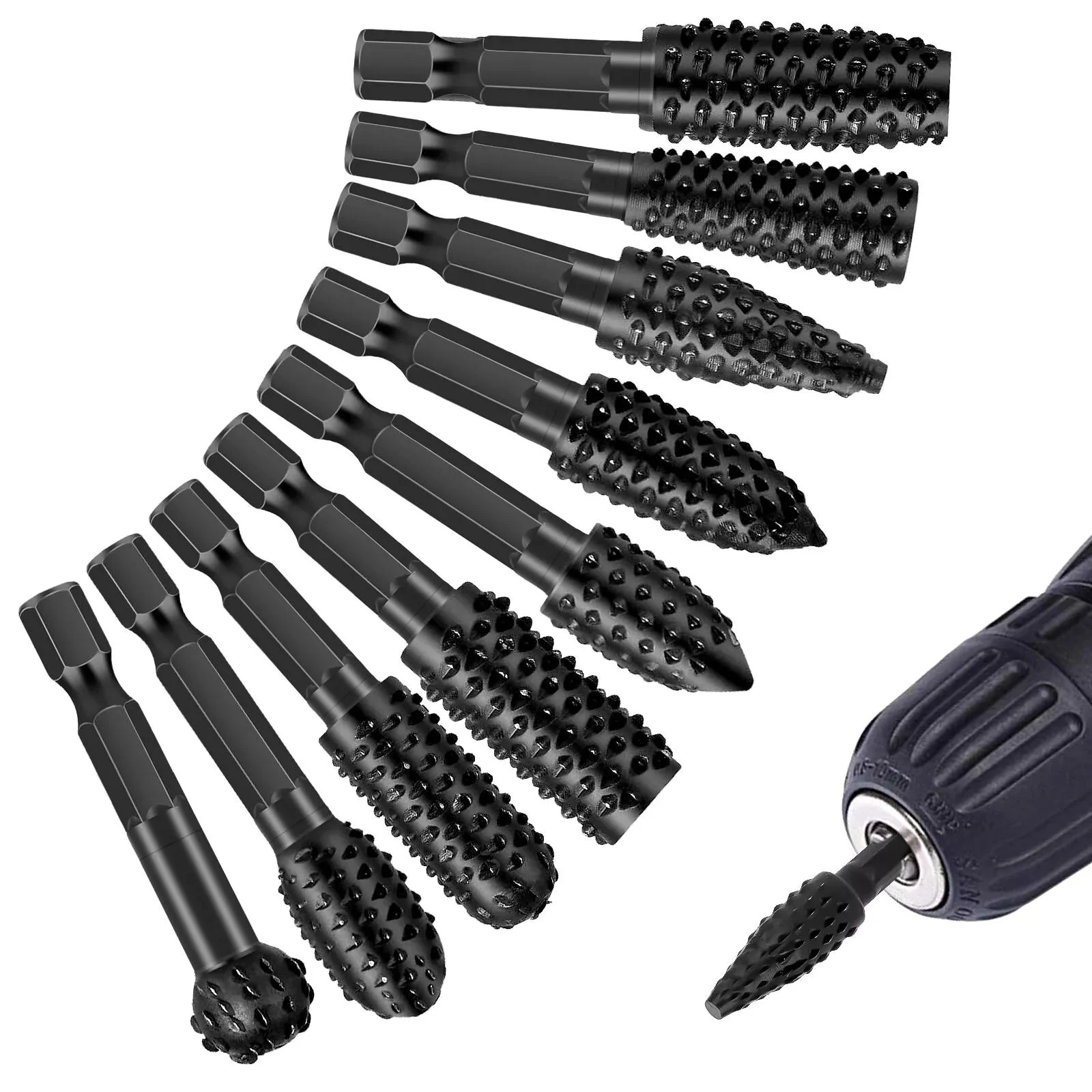 Juego de rebabas rotativas de vástago de 10 unids/set de 1/4 pulgadas, brocas para lima de madera, Kit de escofina rotativa para carpintería, cabezal de molienda de lima rotativa - imagen 2